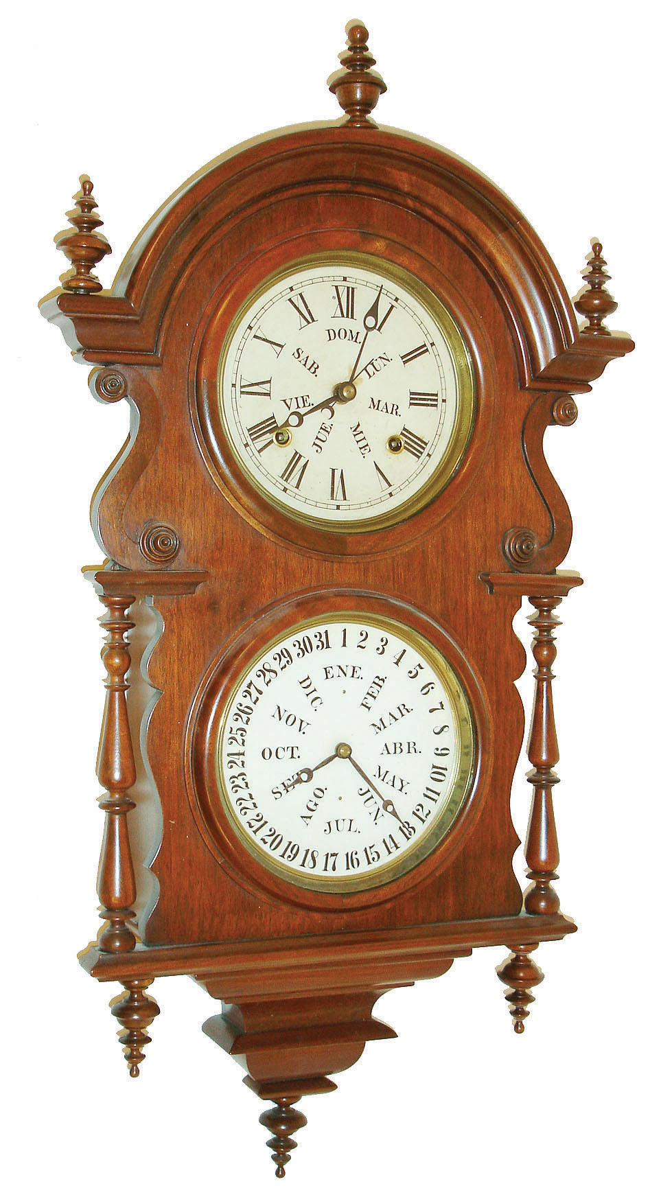 Welch, Spring &amp; Co., Forestville, Conn., "Wagner B.W. Hanging", 8 day, time and strike B.B. Lewis double dial calendar wall clock, c1878  This model was made for the Spanish market. — Antique Clocks Price Guide