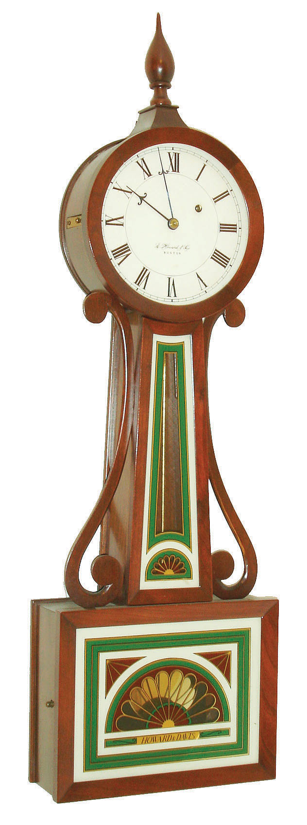 E. Howard &amp; Co., Boston, Mass., 8 day, weight brass movement wood sidearm banjo clock or timepiece, c1975  Movement and dial are stamped 1850 and No. 24.  This case style represents one of the types produced in the1850 period. — Antique Clocks Price Guide
