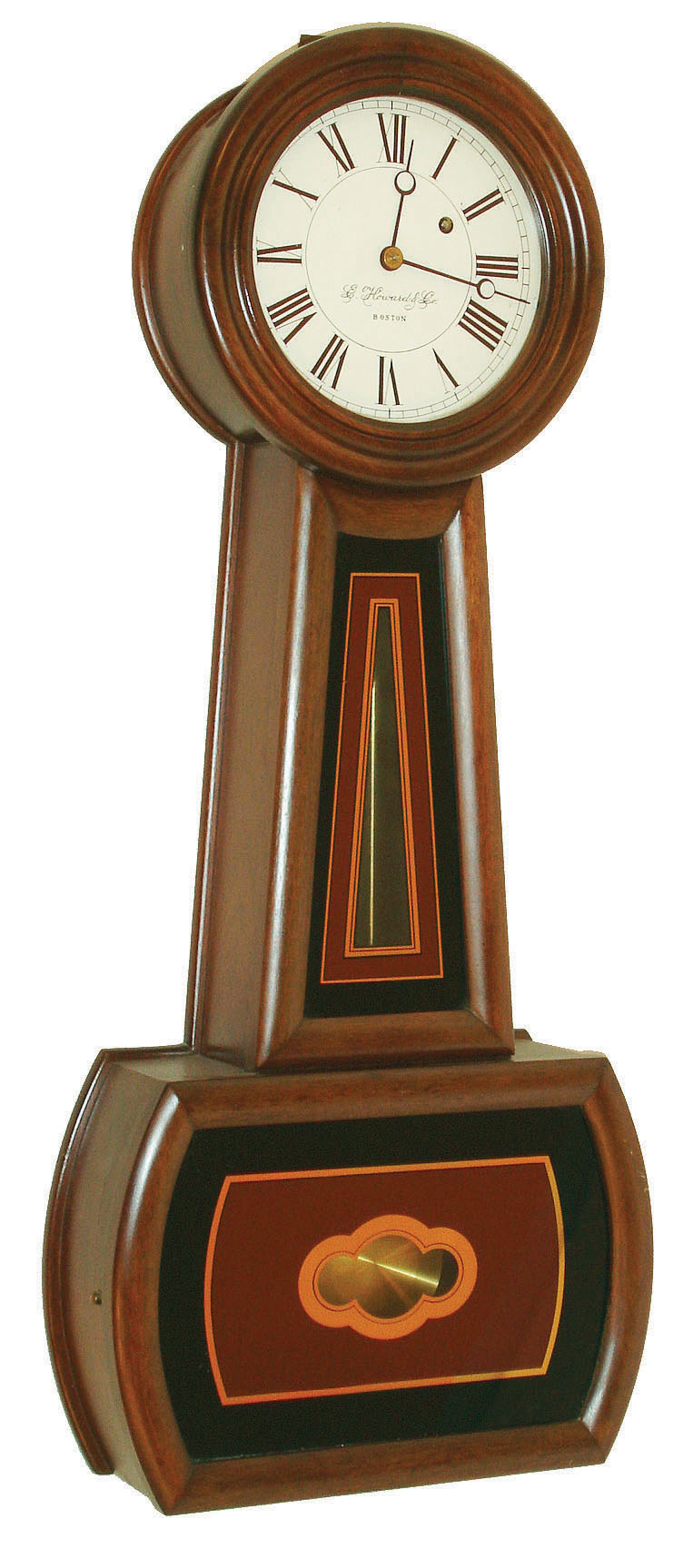 E. Howard &amp; Co., Boston, Mass., "No. 5 Banjo Reissue", 8 day, weight brass movement banjo clock or timepiece.  Serial No 11 stamped on the case, the movement and written on the back of the dial, c1977 — Antique Clocks Price Guide