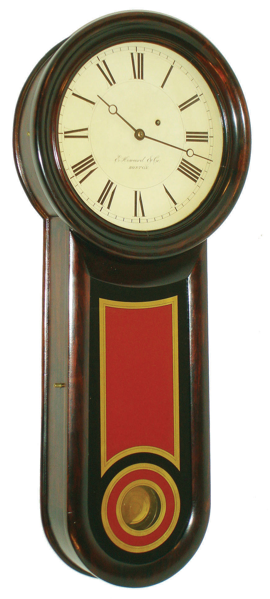 E. Howard &amp; Co., Boston, Mass., "No. 11 Regulator" keyhole wall clock, 8 days, time only, weight driven movement in a rosewood grained case with painted metal dial and reverse painted tablet, c1880 — Antique Clocks Price Guide