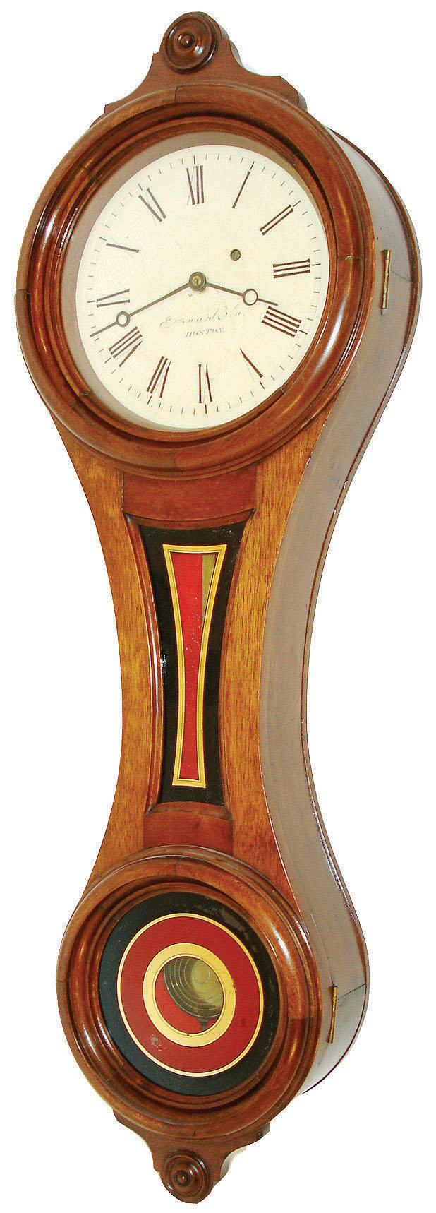 E. Howard &amp; Co., Boston, Mass., "No. 9 Regulator" figure eight wall clock, 8 days, time only, weight driven movement in a walnut case with painted iron dial and reverse painted tablets, c1880 — Antique Clocks Price Guide