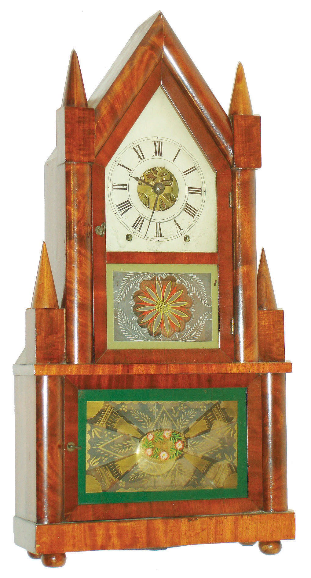 Birge &amp; Fuller, Bristol, Conn., 8 day, time and strike wagon spring steeple on frame or double steeple shelf clock, c1845 — Antique Clocks Price Guide