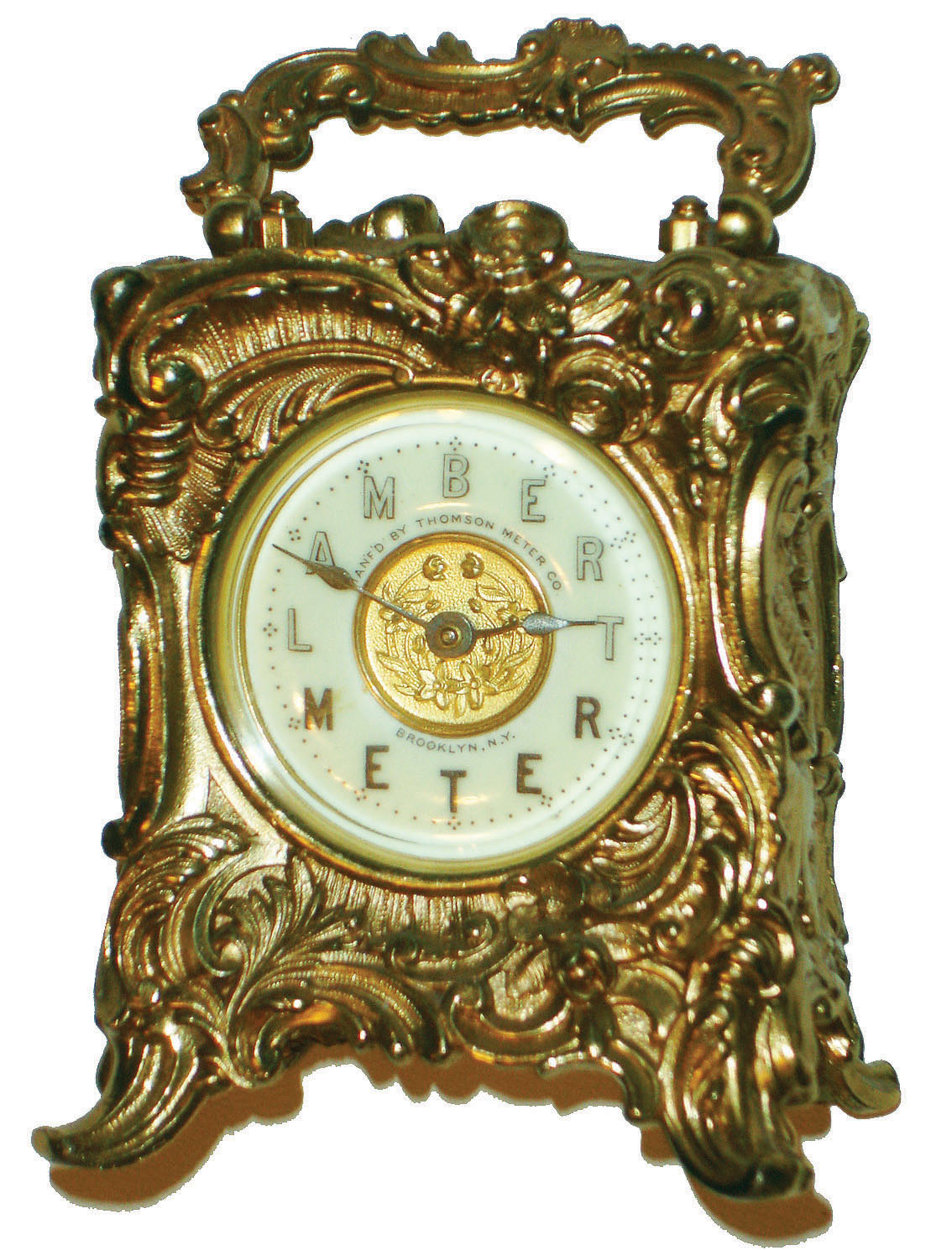 Thomson Meter Co., Brooklyn, N.Y.,  for Lambert Meter, cast brass time only 30 hour novelty advertising clock, dated 1901 — Antique Clocks Price Guide