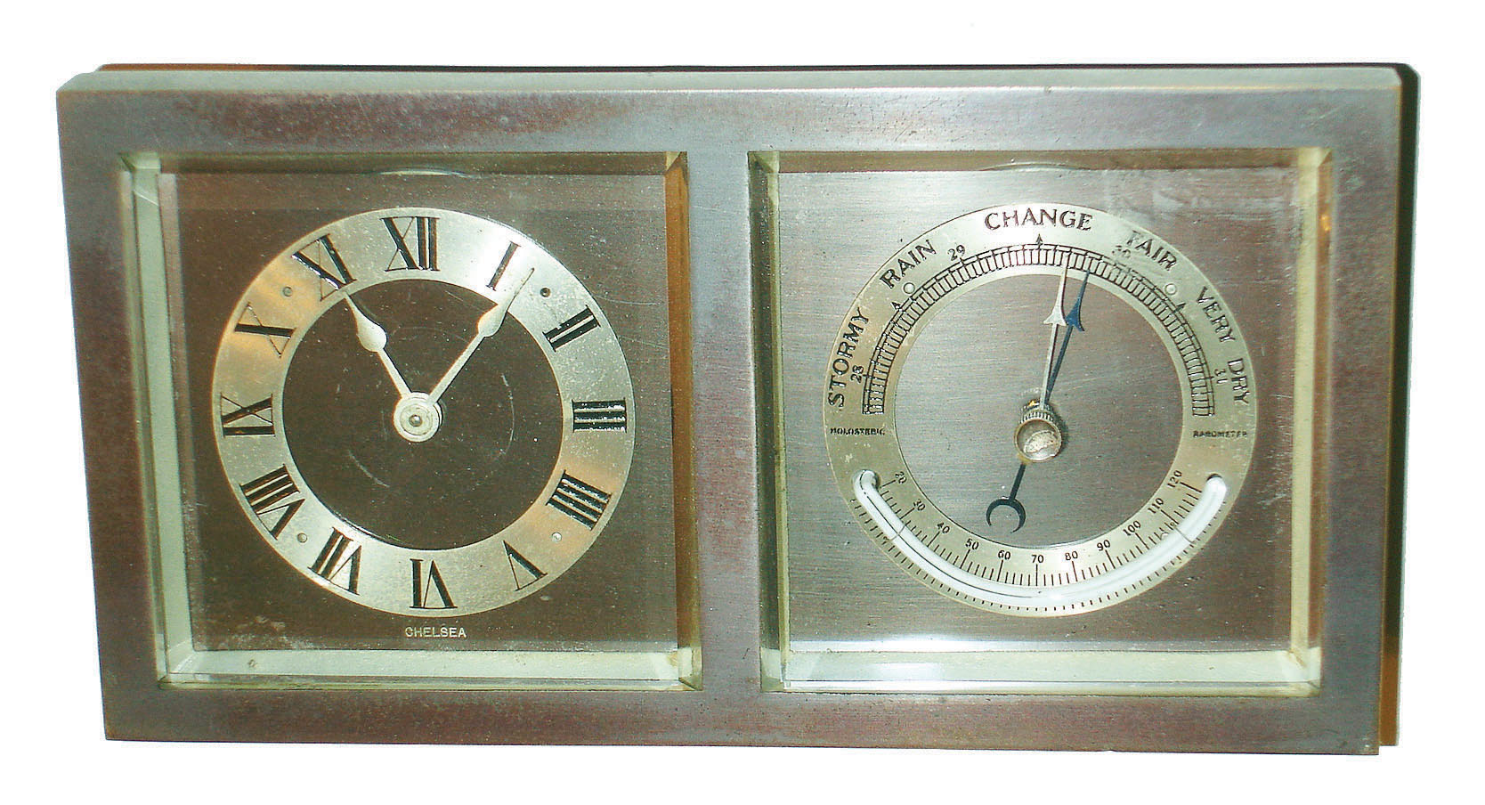 Chelsea Clock Co., Boston, Mass. "Erickson" bronze strut desk set with 8 day timepiece and barometer/thermometer, 1929 — Antique Clocks Price Guide