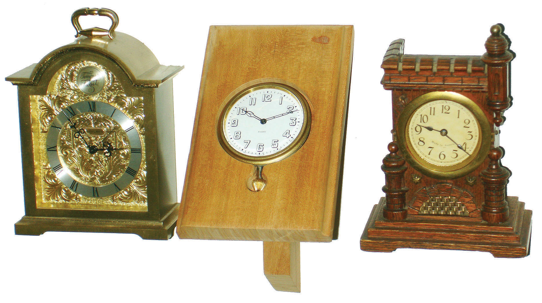 Clocks- 3 (Three) small desk clocks: Austrian castle-form wood 30 hour time only; Swiss Octava 15 jewel 8 day travel clock now in wood stand; Cortland Swiss modern small brass 8 day bracket clock time and alarm, 20th century — Antique Clocks Price Guide