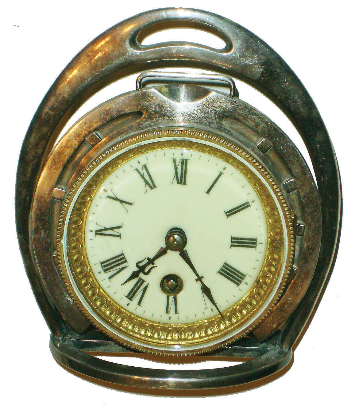 French silver plate horseshoe form 8 day time only desk clock, cylinder platform, c1900 — Antique Clocks Price Guide