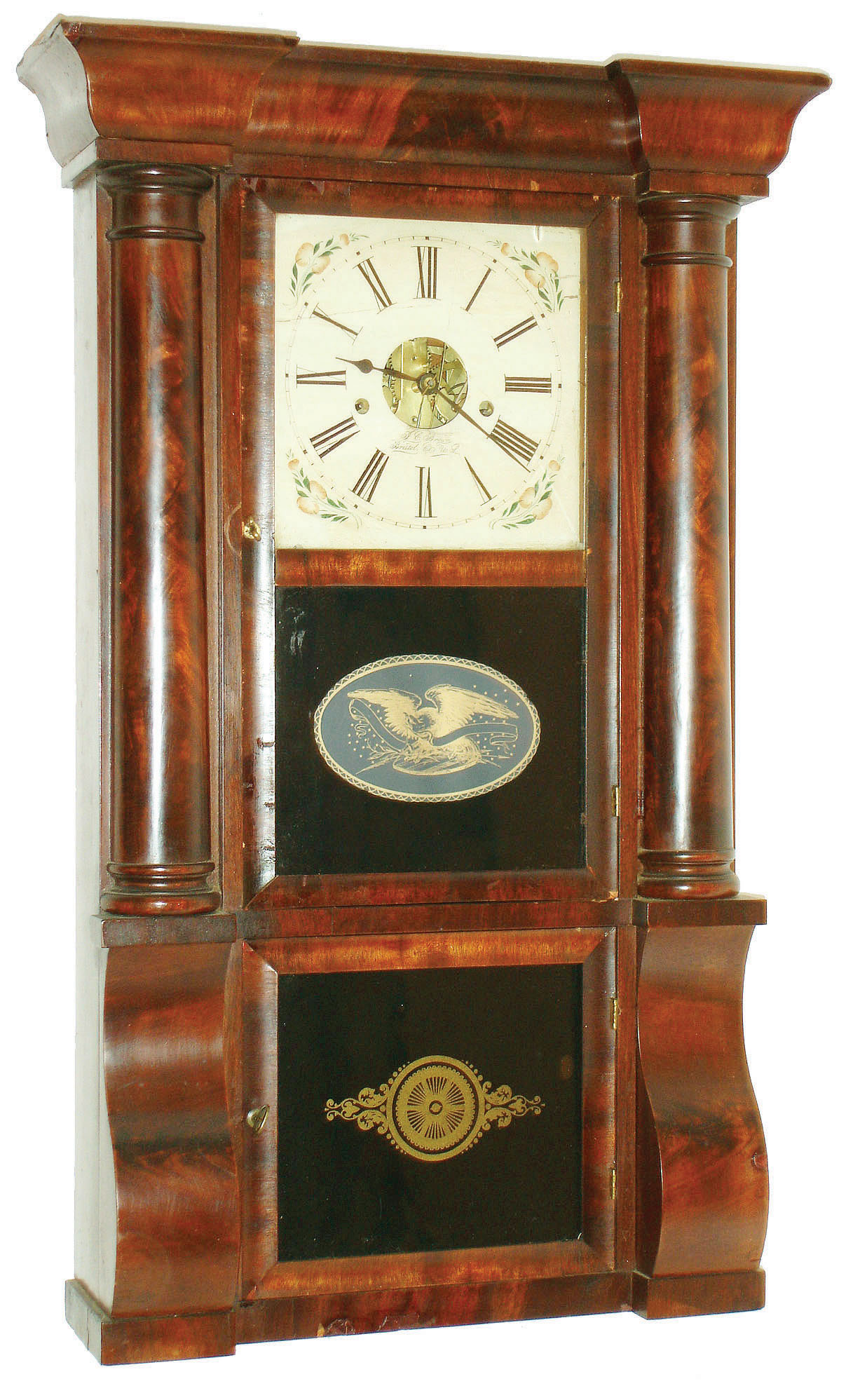 Forestville Mfg. Co., (J.C. Brown), Forestville, Conn., 8 day, time and strike column &amp; cornice shelf clock, c1850 — Antique Clocks Price Guide