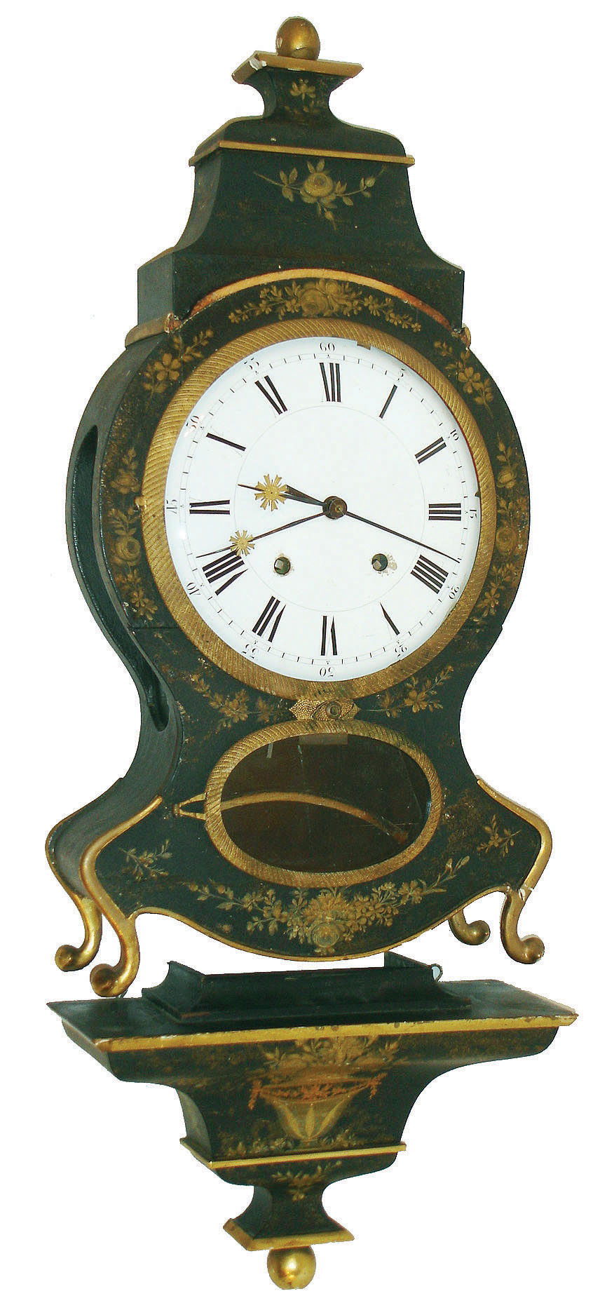 Switzerland, Neuchatel bracket clock with original shelf, ebonized case with en grisaille ornament depicting roses and forget-me-nots, gilt, cast brass door with decoration resembling engine turning, gilt feet and trim and with gilt finial, deeply molded shelf with gilt trim and finial, and featuring a classical urn with flowers and gilt decoration, Roman numeral white enamel dial, with Arabic outer 5 minute markers, blued steel hands with gilt ornaments, 8 days, time and quarter strike movement with pin wheel escapement, probably grand sonnerie, on gongs, and with alarm function, alarm bell located on top of the case, c1810 — Antique Clocks Price Guide