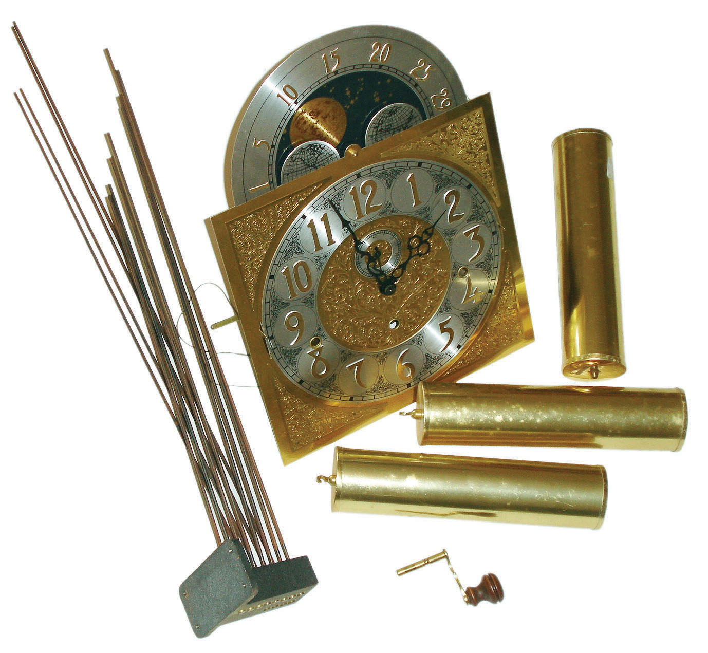 Hermle 1171-850 114 cm, 8 day triple-chime cable-wind grandfather clock movement with dial, three weights, crank, and chime rod assembly, 1999 — Antique Clocks Price Guide