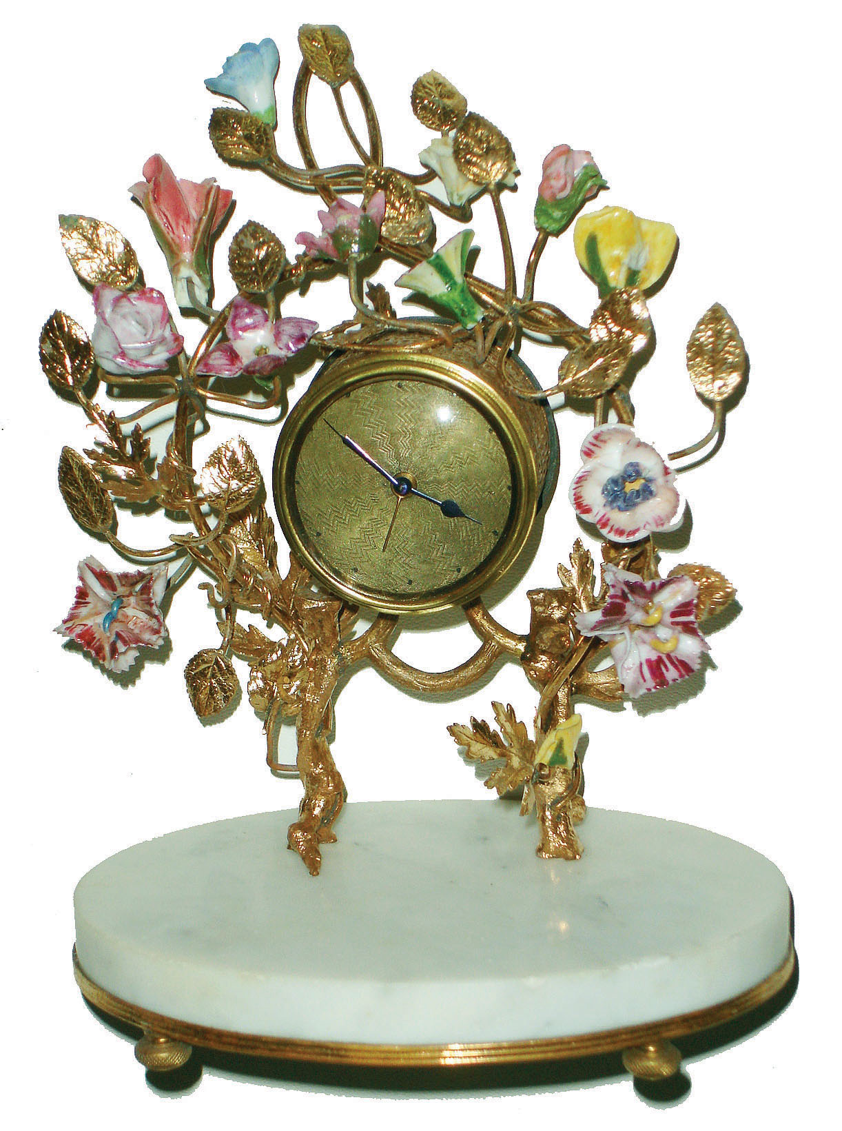 French, Lady's boudoir 30 hour alarm clock, with Louis XVI style porcelain flowers in vines around the movement, on white marble base, c1910 — Antique Clocks Price Guide