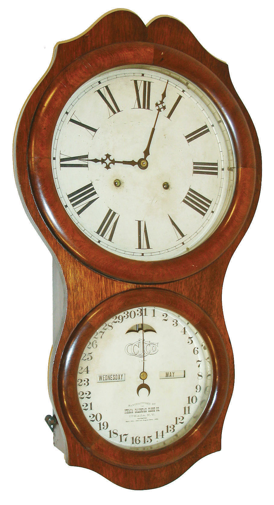 Ithaca Calendar Clock Co., Ithaca, New York, "No. 4 Hanging Office", 8 day, time and strike double dial calendar wall clock, c1880 — Antique Clocks Price Guide