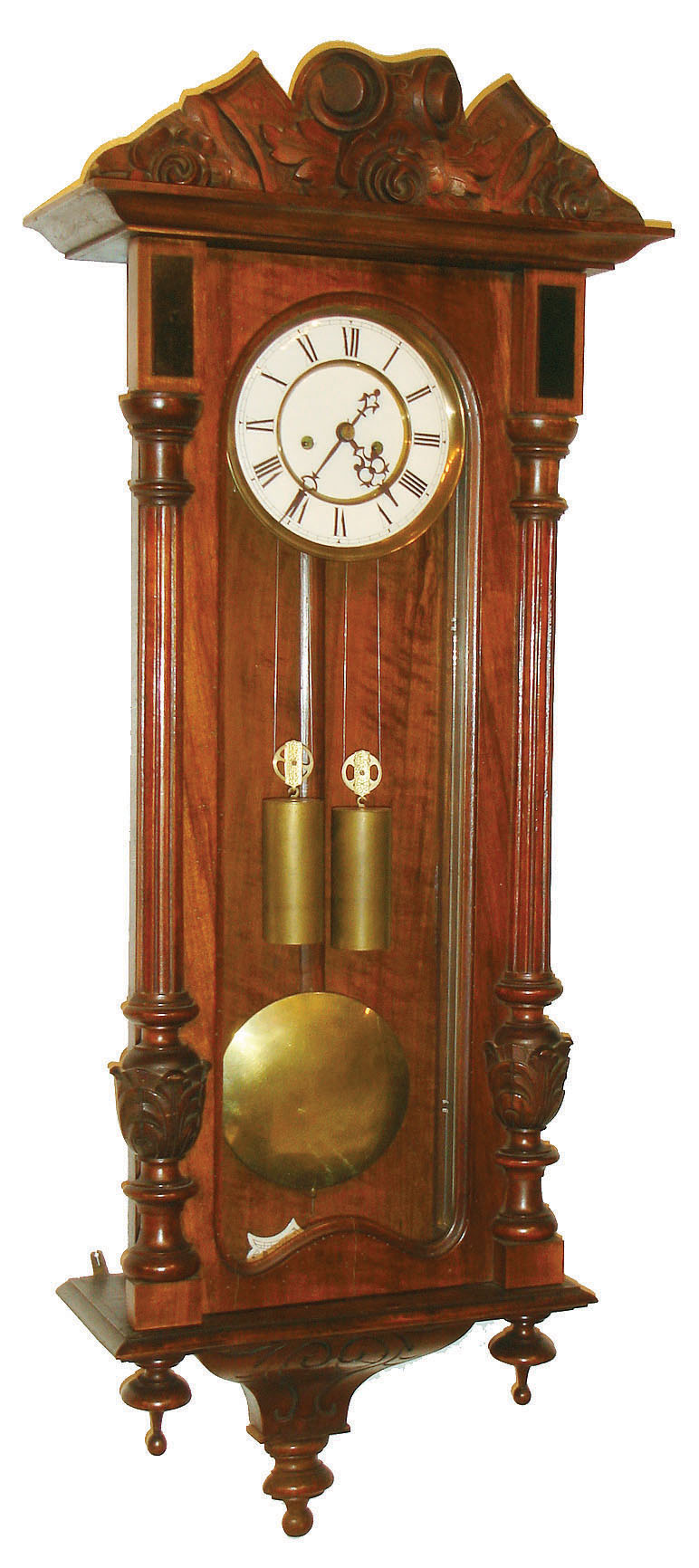 Gustav Becker, Freiburg, Germany, Vienna regulator wall clock, 8 days, time and strike. two brass weight driven movement in a walnut and walnut veneer case with two part white enamel dial and second's bit, serial #367788 c1900 — Antique Clocks Price Guide