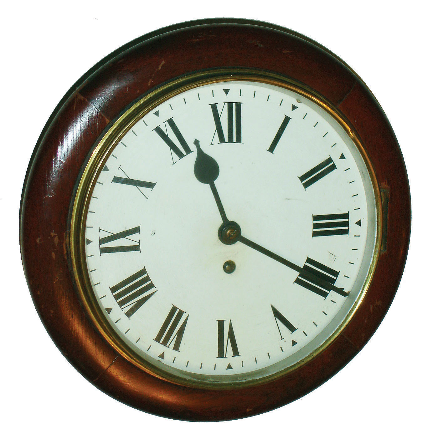 English dial mahogany 8 day time only fusee pub clock, 9" painted metal dial, c1890 — Antique Clocks Price Guide