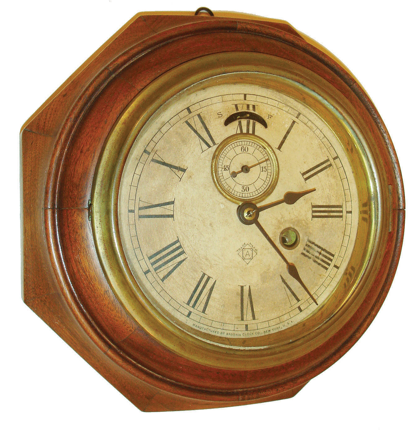 Ansonia Clock Co., Ansonia, Conn. &amp; Brooklyn, NY,  "One Day Lever", 30 hour, spring brass lever movement octagon wall clock or timepiece.  C1885 — Antique Clocks Price Guide