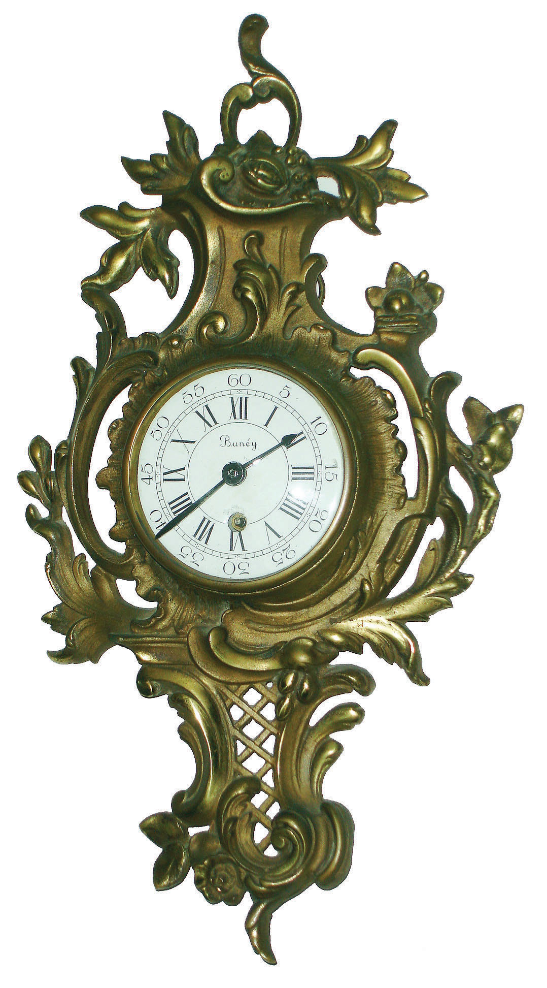 French cast brass cartel wall clock case with later 8 day time only pin-pallet works, early 20th century — Antique Clocks Price Guide
