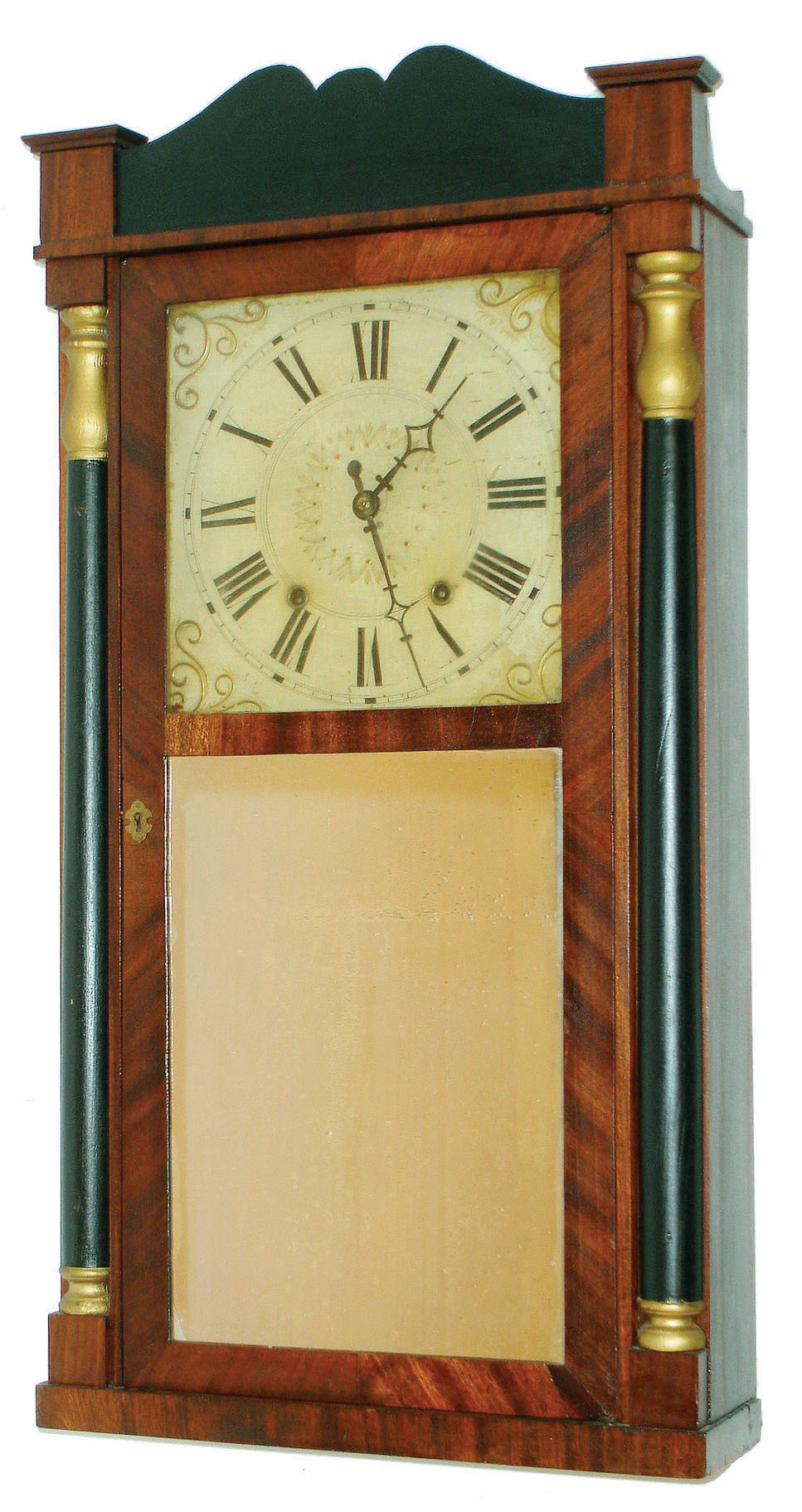 Atkins &amp; Downs for Mathews &amp; Wayne, Bristol, Conn., 30 hour time and strike wood movement half column &amp; splat shelf clock.  c.1832 — Antique Clocks Price Guide