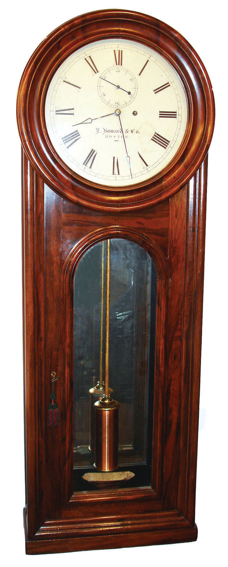 E. Howard &amp; Co., Boston,  "Regulator No. 12" wall clock, in original grained cherry case, now less bottom trim molding, and with a stand that allows it to be used as a floor clock, c1875 — Antique Clocks Price Guide