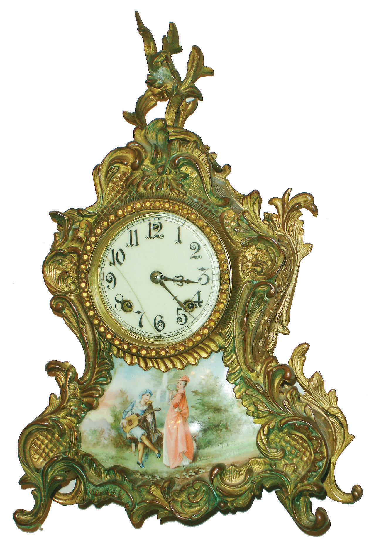 New Haven Clock Co., New Haven, Conn., "Rosemont" gold plate cast metal and painted porcelain 8 day time and strike mantel clock, c1913 — Antique Clocks Price Guide