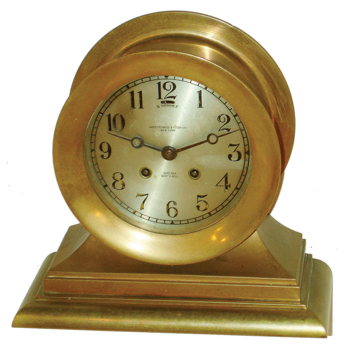 Chelsea Clock Co., Boston, Mass., "Admiral" dial brass 8 day ship's bell mantel clock, sold by Abercrombie &amp; Fitch Co., New York, 1929 — Antique Clocks Price Guide
