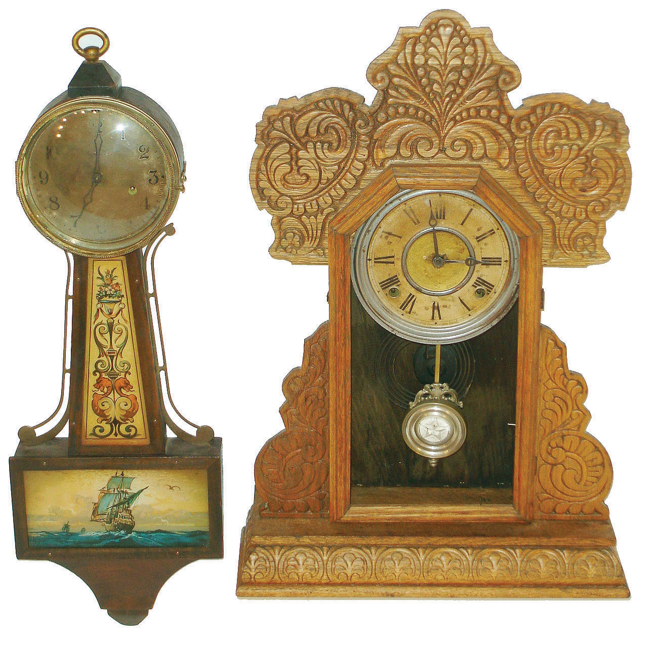 Clocks- 2 (Two)- a small Ingraham banjo, and a ginger bread shelf clock — Antique Clocks Price Guide