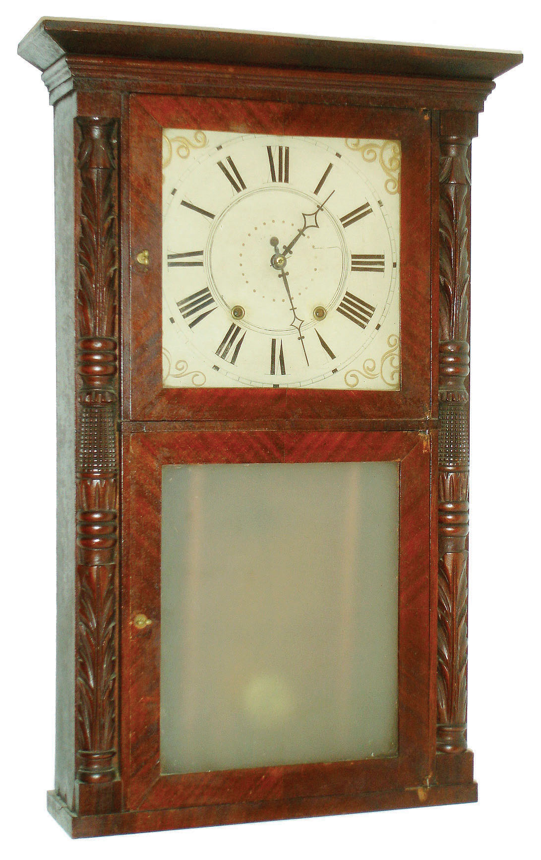 William Beach, Hartford, Conn., 30 hour, time and strike weight wood movement carved columns and cornice top shelf clock.  c.1834 — Antique Clocks Price Guide