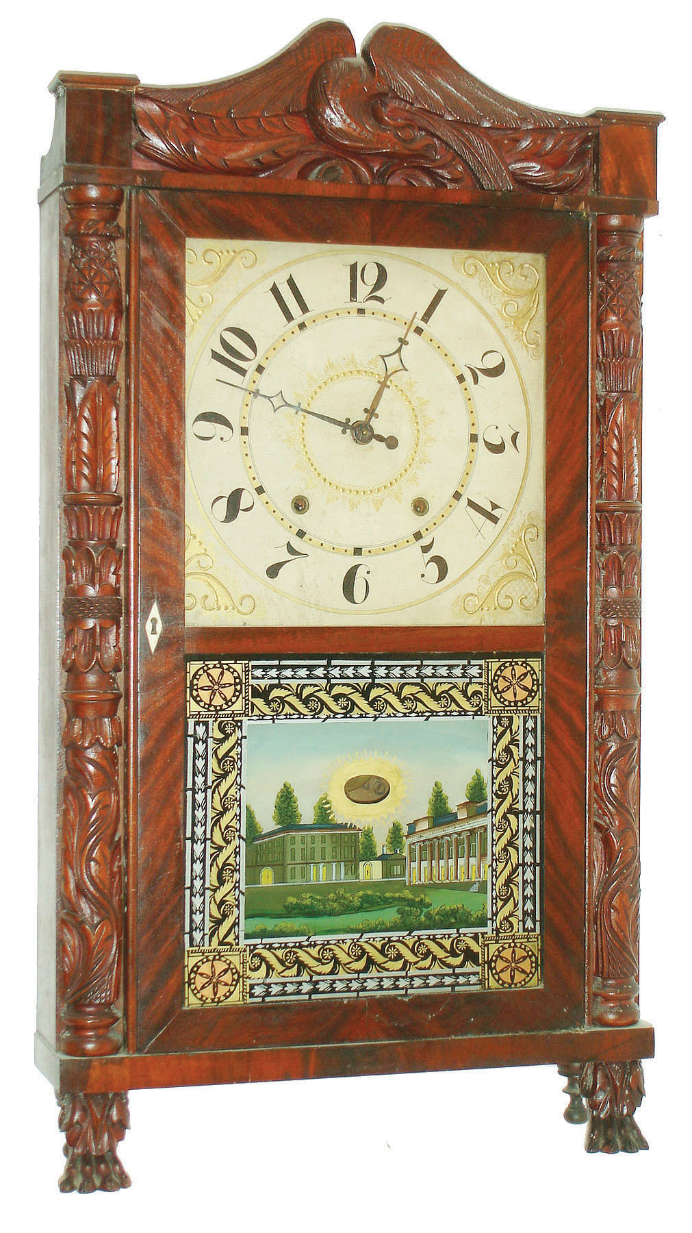 E. Terry &amp; Son, Plymouth, Conn., 30 hour, wood movement carved column and splat shelf clock, c1830 — Antique Clocks Price Guide