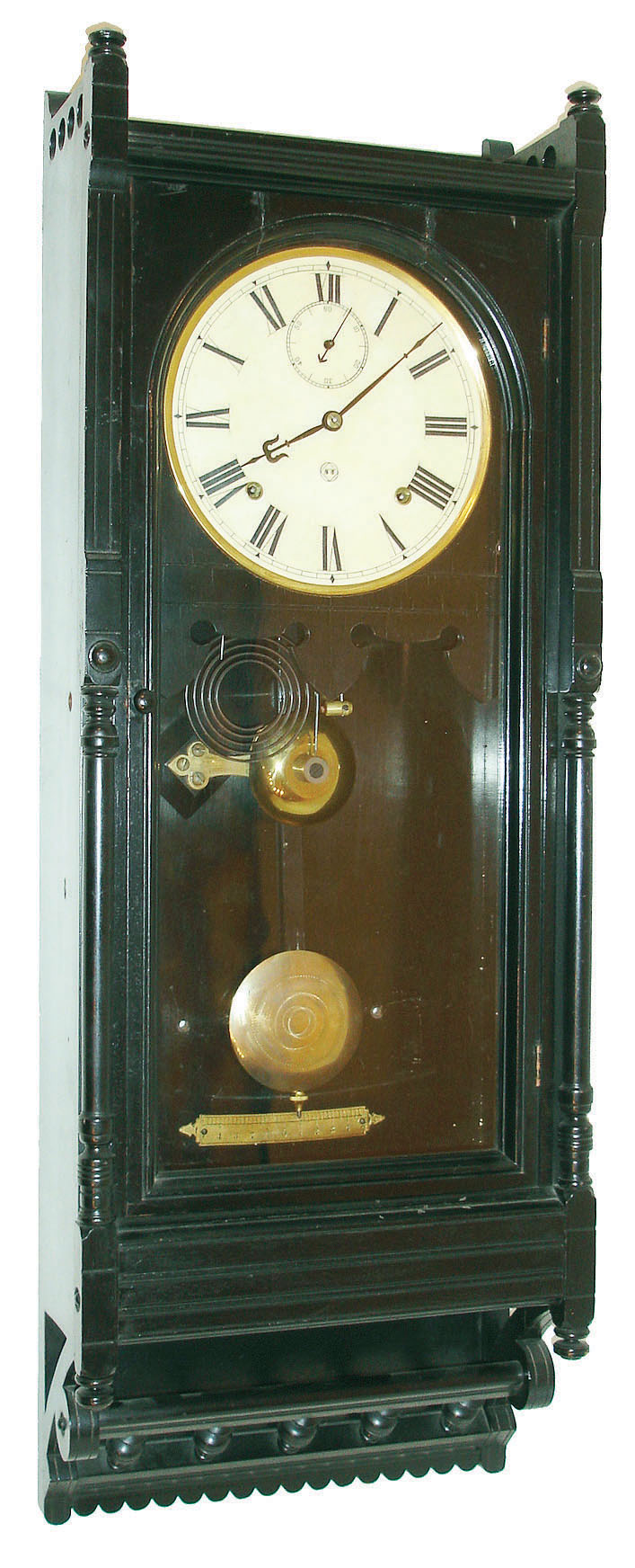 Seth Thomas Clock Co., Thomaston, Conn. "Queen Anne" model. ebonized case, Roman numeral dial, blued steel hands, 8 day time and strike movement, damascened pendulum and brass beat scale, c1884 — Antique Clocks Price Guide