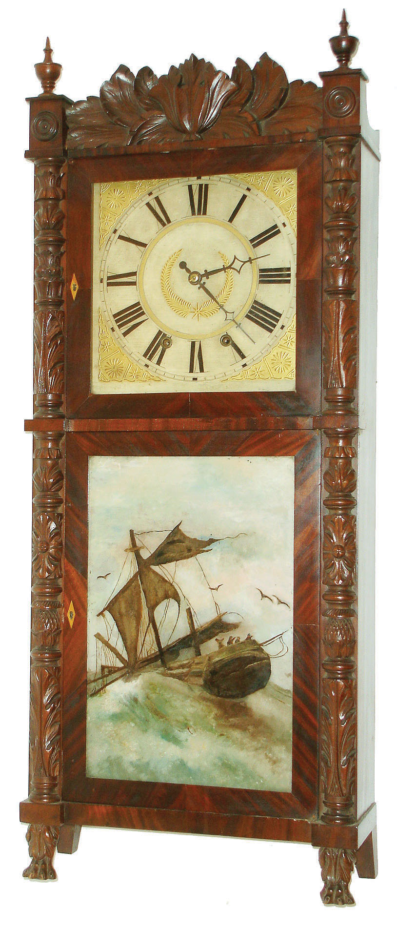 Atkins &amp; Downs for G. Mitchell and R. Atkins, Bristol, Conn., 8 day, time and strike wood movement carved column and crest shelf clock, c1832 — Antique Clocks Price Guide