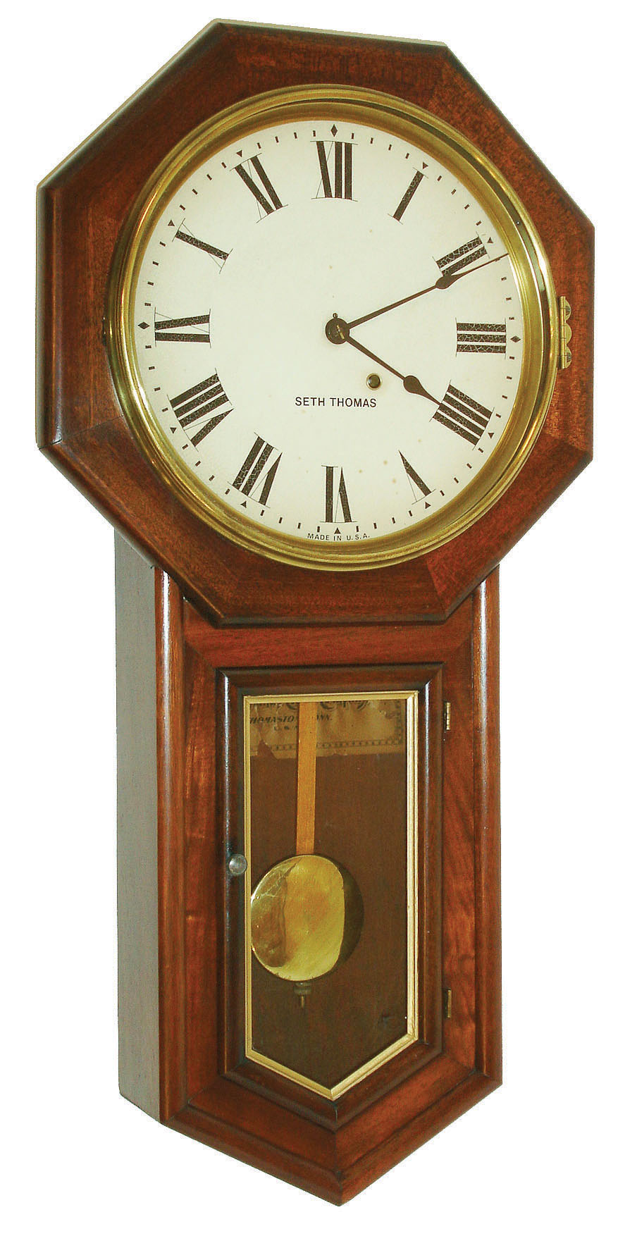 Seth Thomas Clock Co., Thomaston, Conn., "Globe", 8 day, long drop octagon school clock, time only, c1909 — Antique Clocks Price Guide