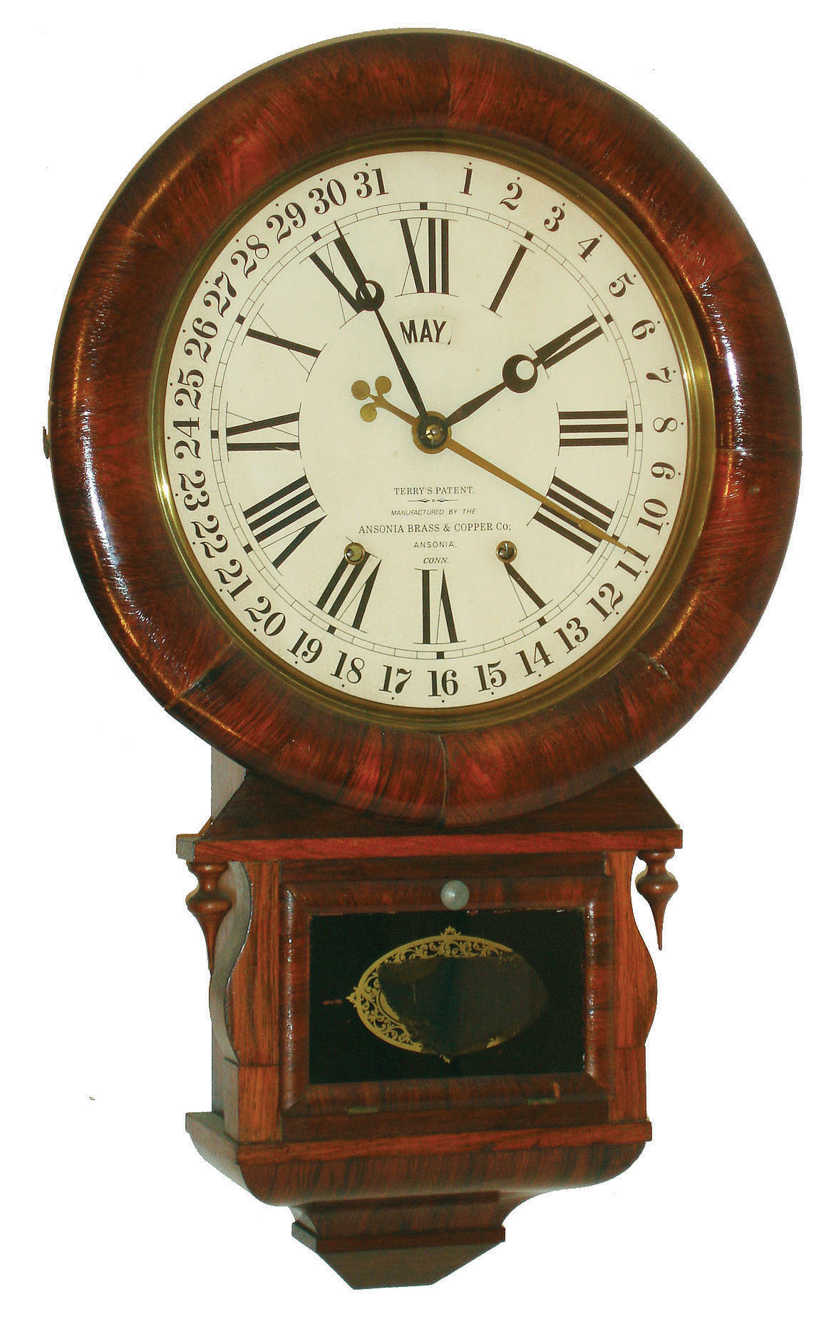 Ansonia Brass and Copper Co., Ansonia, Conn., "Terry's Patent Drop Extra Calendar" wall clock with 8 day time, strike and calendar spring driven movement in rosewood veneer case, c1872 — Antique Clocks Price Guide