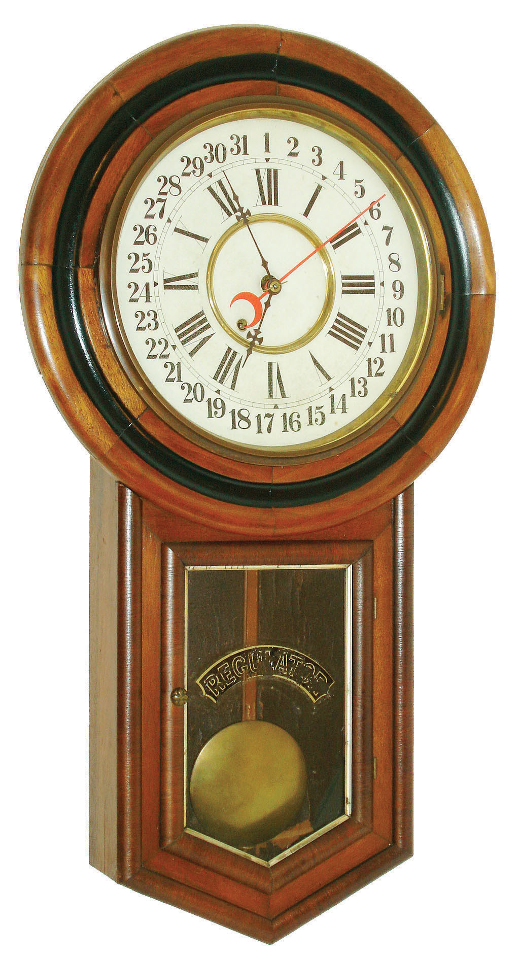 New Haven Clock Co., New Haven, Conn., "Regulator Calendar", 8 day, round long drop, calendar timepiece, c1900 — Antique Clocks Price Guide