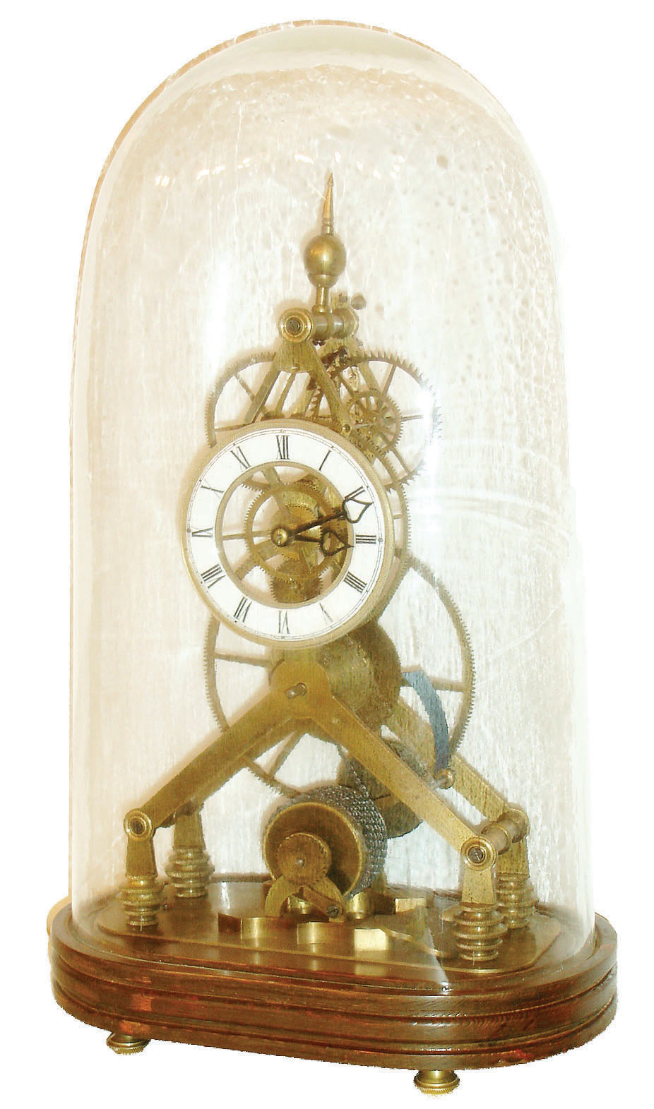 Reproduction skeleton clock, Chinese, brass framed fusee movement with large wheels, recoil escapement, Roman numeral white enamel dial, pierced steel hands, on a wooden base with brass feet, and under a glass dome, c2000 — Antique Clocks Price Guide