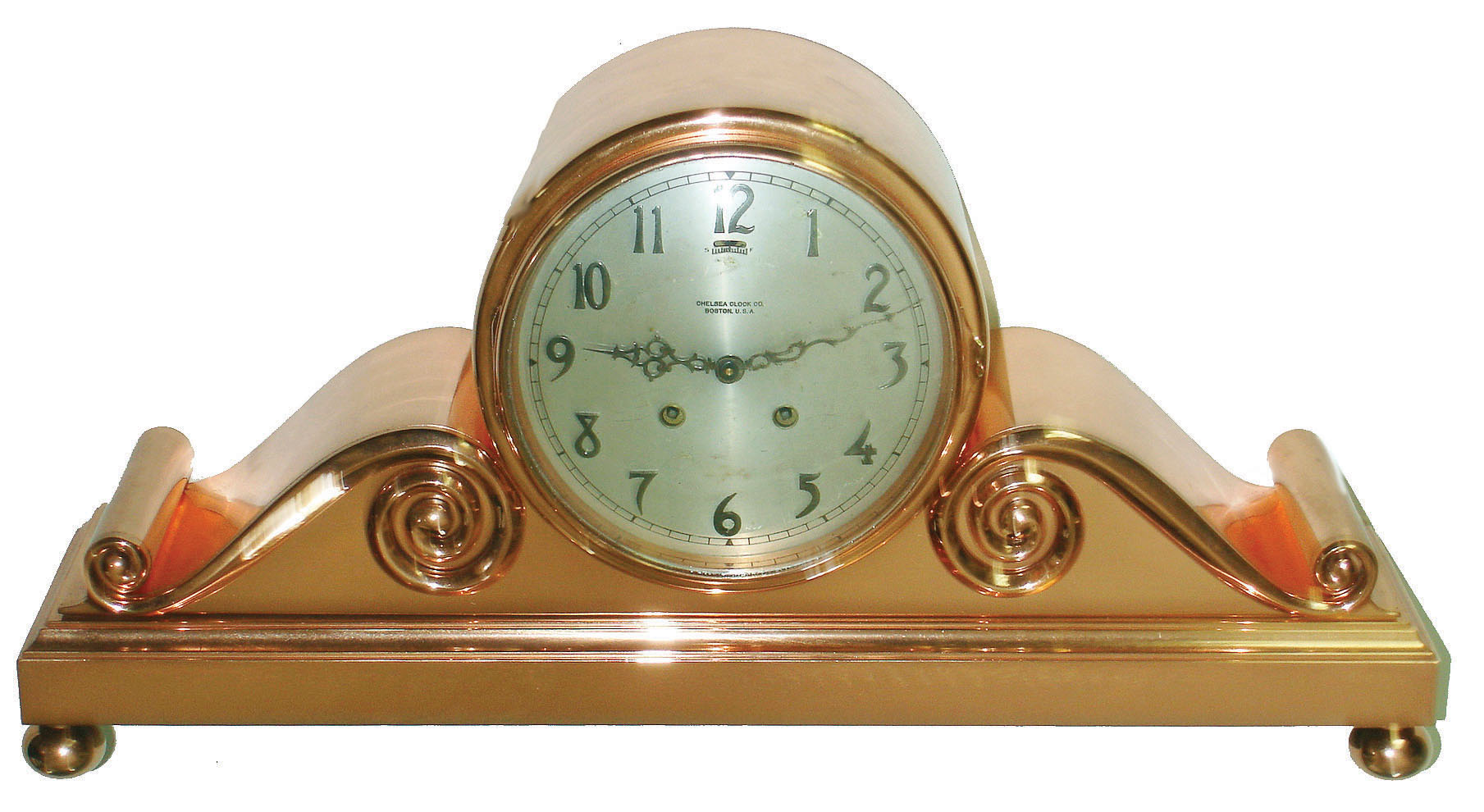 Chelsea Clock Co., Boston, Mass, "Tambour No. 3", copper bronze 8-day time and house strike mantel clock, 1914 — Antique Clocks Price Guide