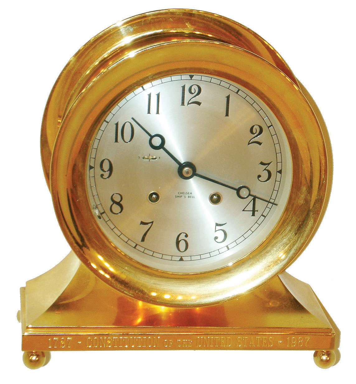 Chelsea Clock Co., Boston, "U.S. Constitution" brass 8 day ship's bells commemorative mantel clock, number 93 in limited issue of 750, c1994 — Antique Clocks Price Guide