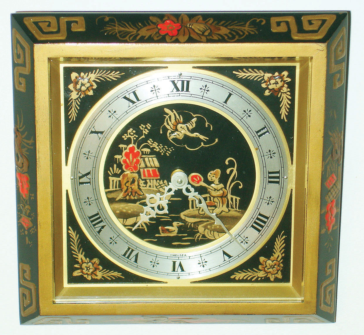Chelsea Clock Co.,, Boston, Mass., "Chinese Lacquer" 6 5/8" frame easel style 8 day time only desk clock, c1967 — Antique Clocks Price Guide