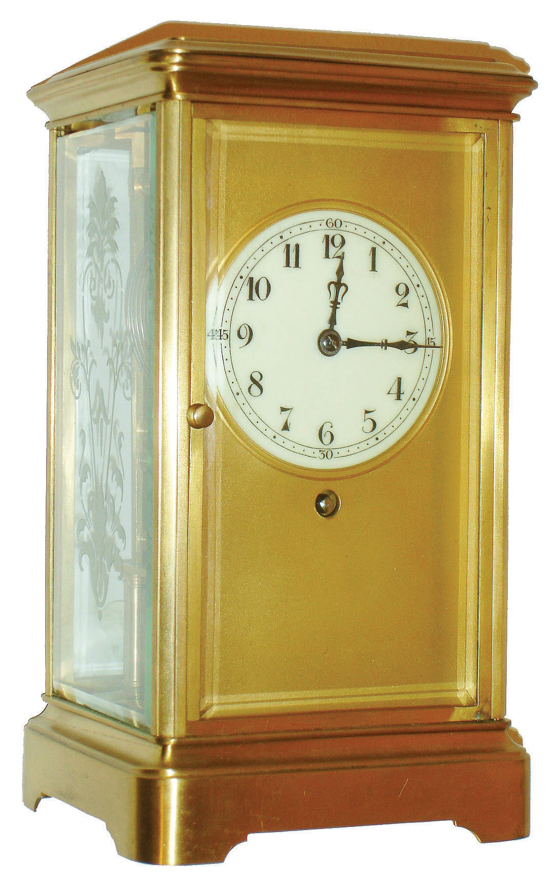 Germany, year going crystal regulator, matte finish lacquered brass case, with beveled glasses, the side glasses with etched designs, gilt dial mat with Arabic numeral, white enamel dial, blued steel hands, rectangular brass movement with 3 plates, resting atop 4 turned pillars attached to the case bottom, large barrel and fusee located behind the train wheels and escapement, dead beat escapement with adjustable pallets, c1920 — Antique Clocks Price Guide