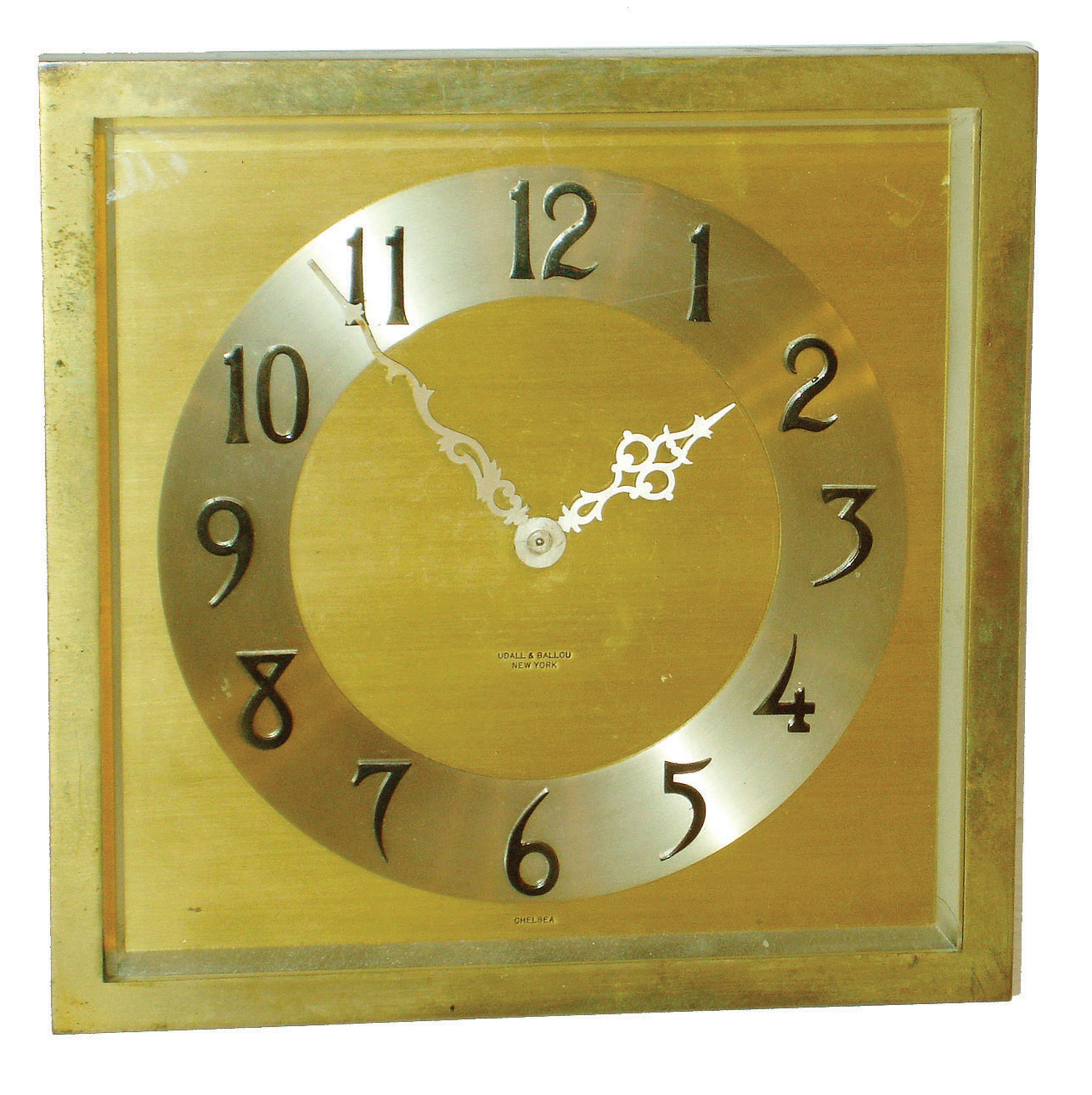 Chelsea Clock Co., Boston, "Standish" brass and beveled glass  8-day desk timepiece, for Udall and Ballou, New York, 1928 — Antique Clocks Price Guide