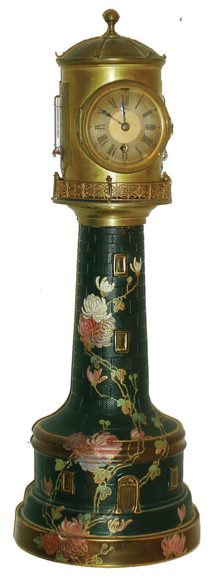 Burslem, England, Doulton lighthouse form clock case with French movement, the black Chine case with luster bands and chrysanthemum decoration, ogee molded brass cap with pierced brass railing, lighthouse top with ribbed dome and finial, mounted with barometer, thermometers, and 8 day timepiece movement with cylinder escapement, Roman numeral silvered dial with blued steel distaff style hands, barometer with blued steel hand and gilt set hand, base marked "Doulton Burslem" in green below a crown, impressed "Doultons" and "Doulton &amp; Slaters patent", stamped "U.S. Patent 314002", and with overglaze initials in script "WBJ", c1890 — Antique Clocks Price Guide