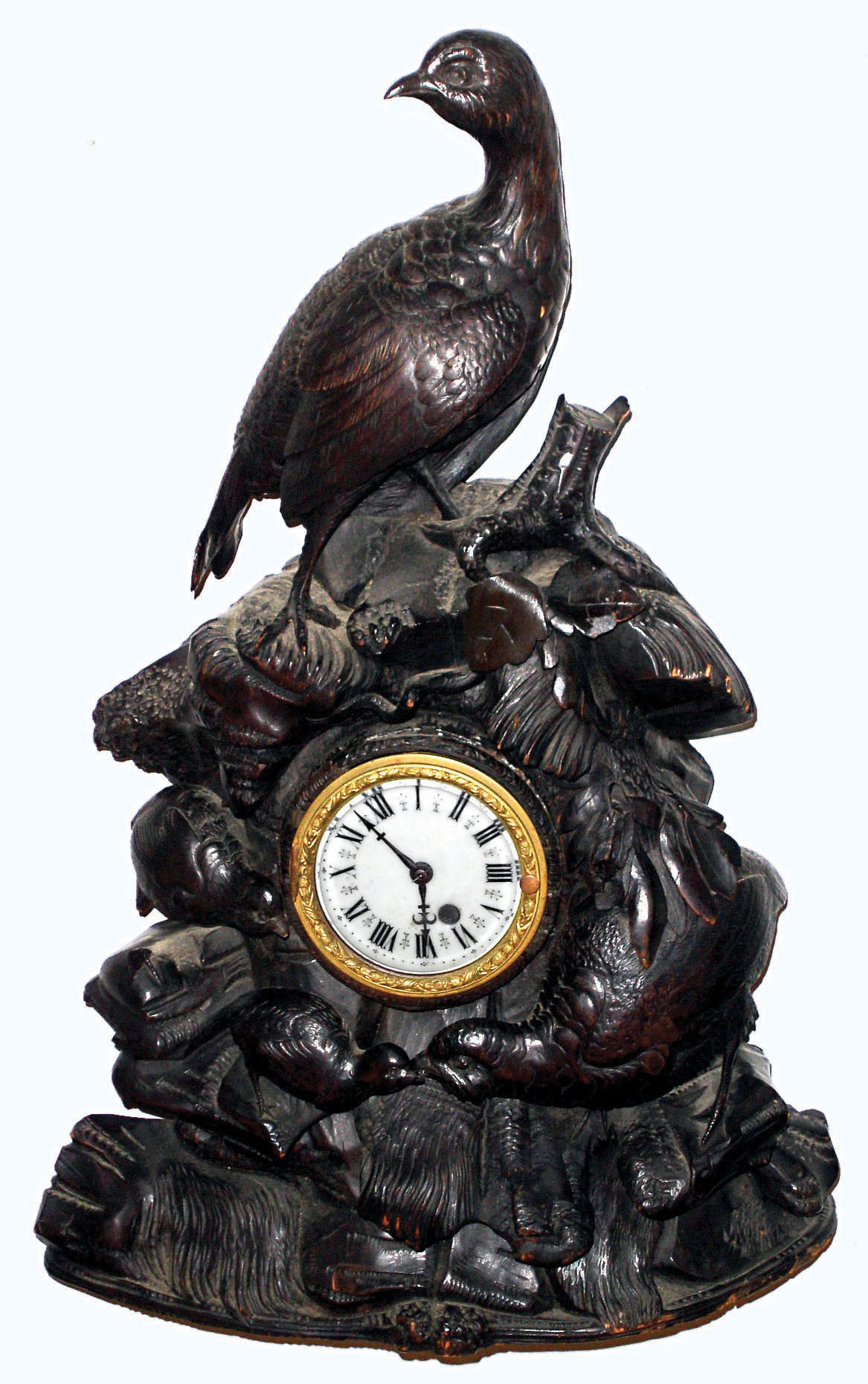 German Black Forest carved wood figural shelf clock with French time-only movement, c1880 — Antique Clocks Price Guide