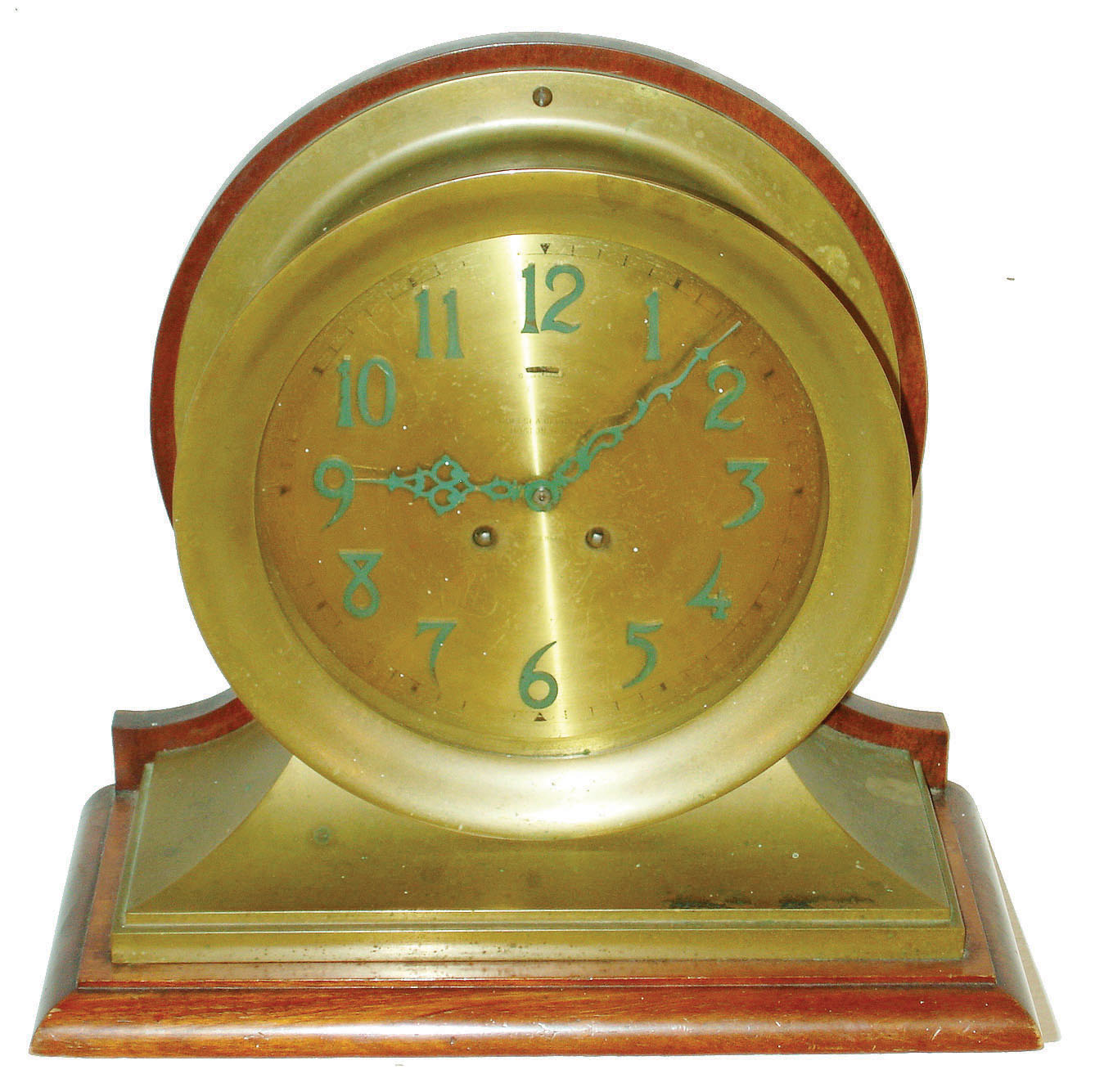 Chelsea Clock Co., Boston, Mass., "Commander" 8" dial brass and mahogany 8 day ships bell mantel clock, 1908 — Antique Clocks Price Guide