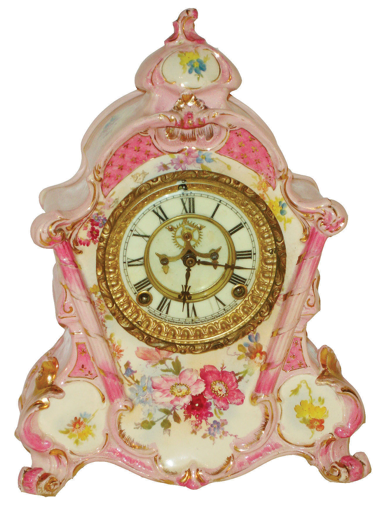 Ansonia Clock Co., New York, "No. 502" 8 day time and strike Royal Bonn porcelain mantel clock, visible escapement, c1895 — Antique Clocks Price Guide