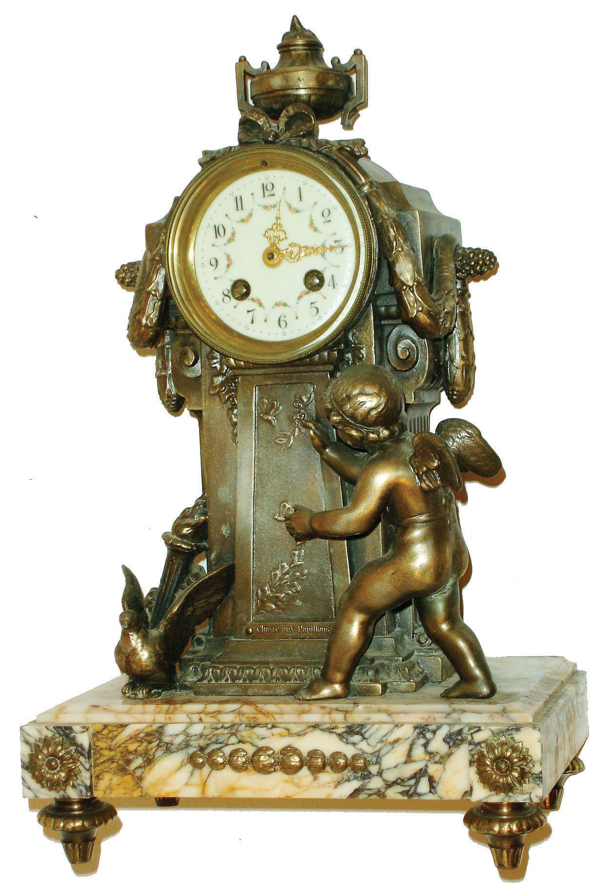 French cast metal and veined marble figural 8 day time and strike mantel clock, c1890 — Antique Clocks Price Guide