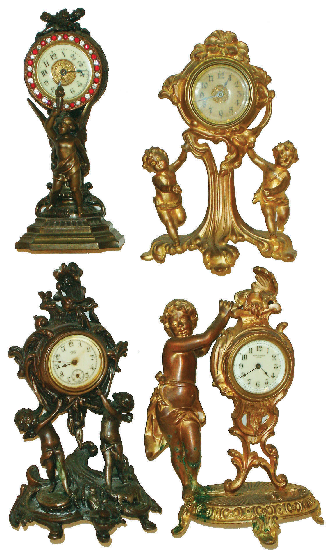 Clocks- 4 (Four) American cast metal 30 hour time only novelty clocks: New Haven, Jennings, Ansonia, unsigned;  plus German singing bird in brass cage; early 20th century — Antique Clocks Price Guide