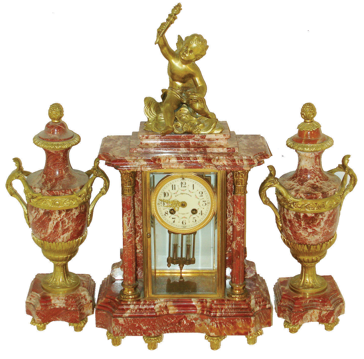 French rose marble and gilt metal garniture set:  8 day time and strike crystal regulator with figural top; pair of urns, c1890 — Antique Clocks Price Guide