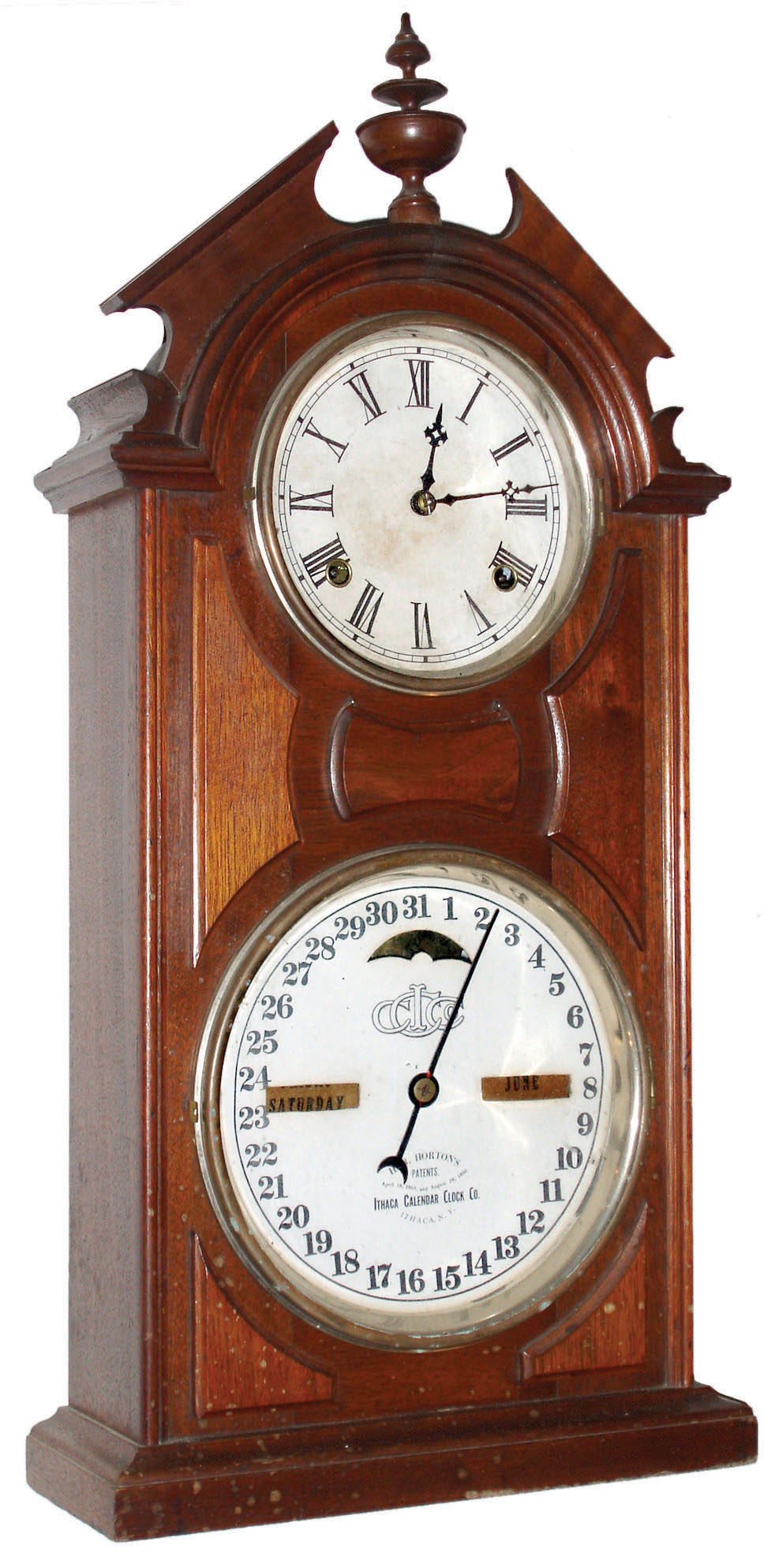 Ithaca Calendar Clock Co., Ithaca, N.Y., "Shelf Library" walnut 8 day time and strike calendar clock, c1874 — Antique Clocks Price Guide