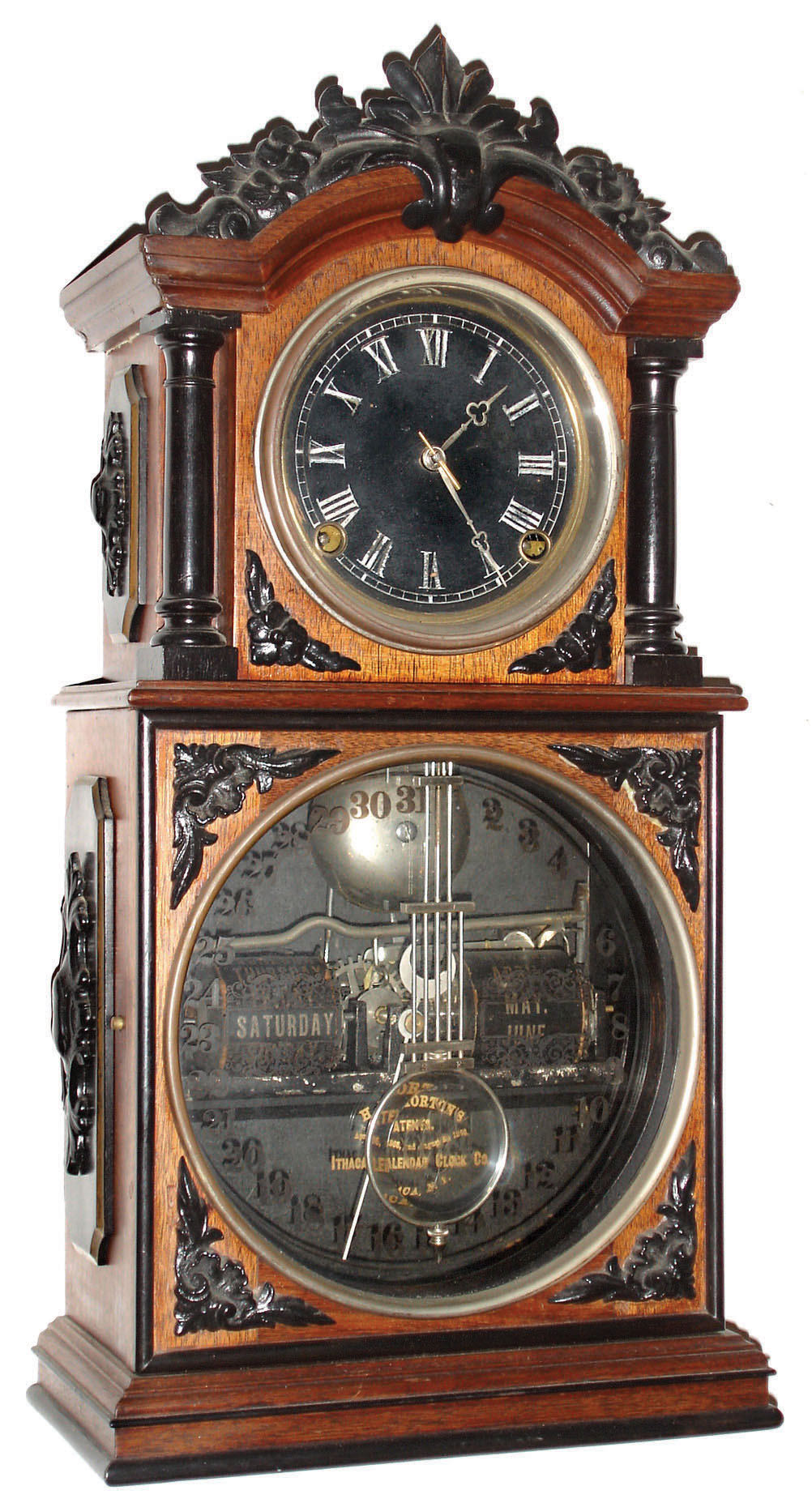 Ithaca Calendar Clock Co., Ithaca, N.Y., "No. 3 1/2 Parlor" black dial walnut time and strike calendar clock, c1881 — Antique Clocks Price Guide
