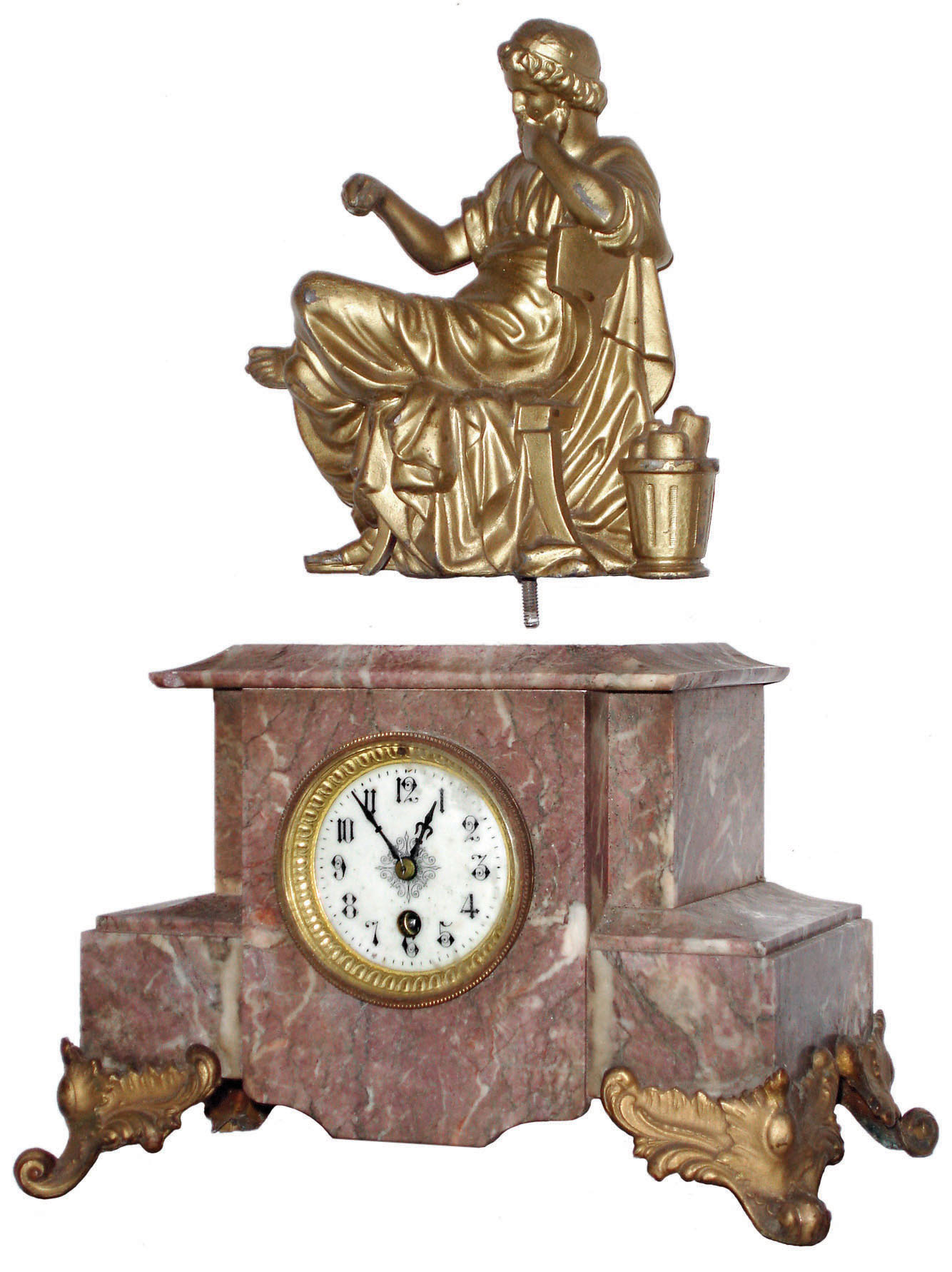 French marble and spelter figural 8 day time-only mantel clock, c1900 — Antique Clocks Price Guide