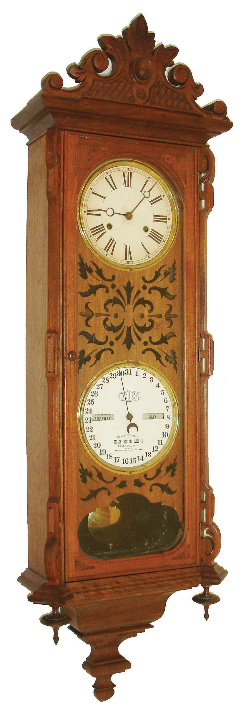 Ithaca Calendar Clock Co., Ithaca, New York, "No. 3 Vienna" reproduction wall clock, 30 days, time and perpetual calendar, spring driven movement made by E.N. Welch &amp; Co. in a walnut case with papered dials, movement c1880, remainder of clock of recent vintage — Antique Clocks Price Guide