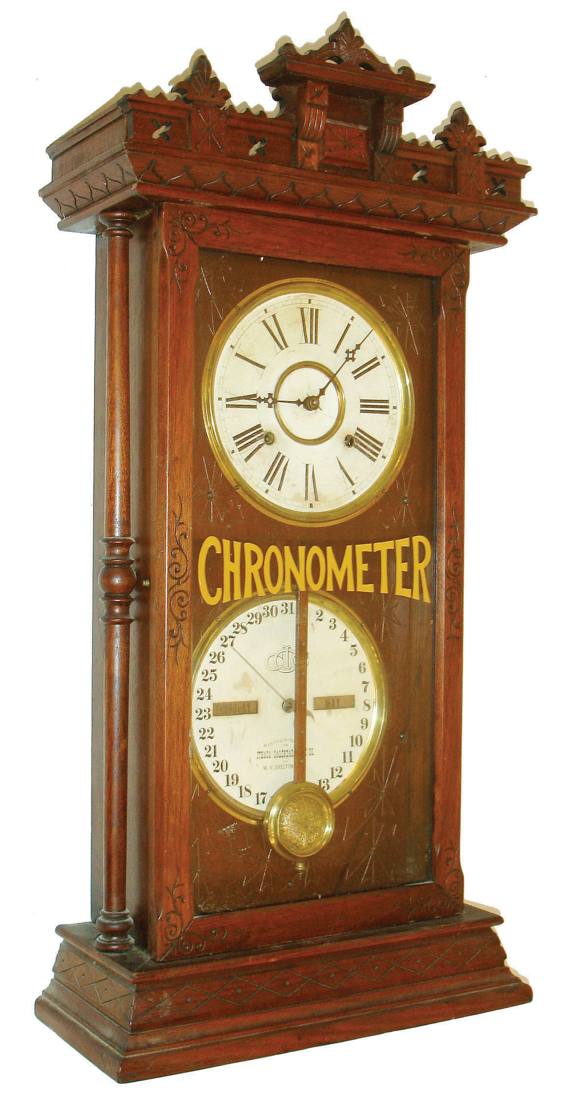 Ithaca Calendar Clock Co., Ithaca, New York, "Chronometer" shelf clock, 8 days, time, strike and perpetual calendar, spring driven movement in a walnut case with papered dial and "CHRONOMETER" gold leafed on glass, c1885 — Antique Clocks Price Guide