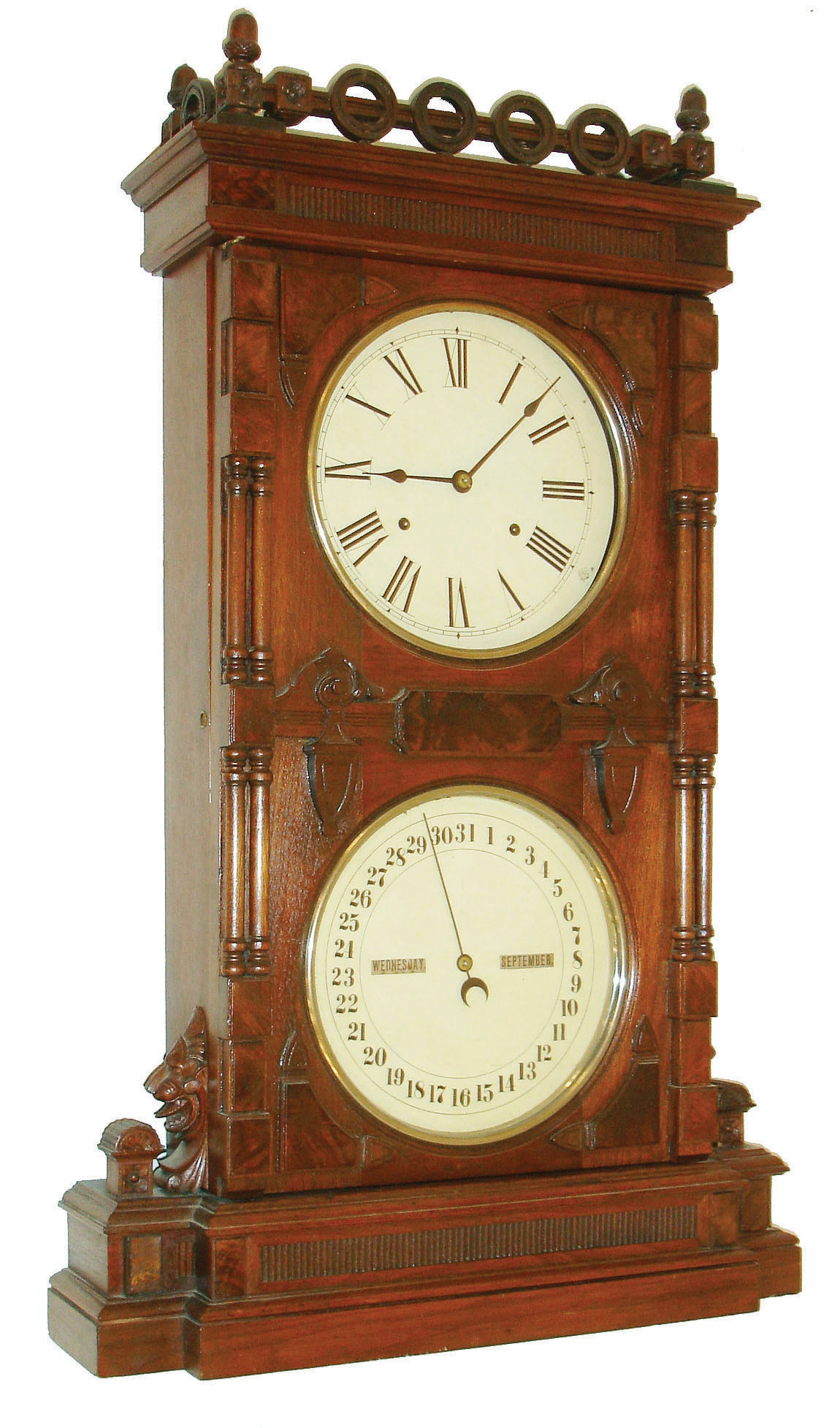 Seth Thomas Clock Co., Thomaston, Conn., "Parlor Calendar No. 10" shelf clock, 8 days, time, strike and perpetual calendar, weight driven movement in a walnut case with painted metal dials, c1885 — Antique Clocks Price Guide